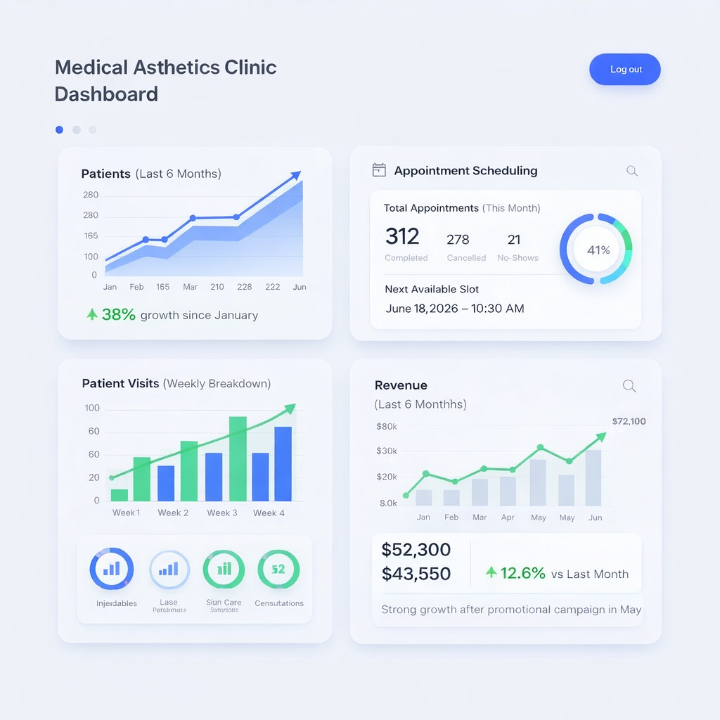 Medical Aesthetics Clinic Dashboard showing patient growth charts, appointment scheduling, weekly patient visits breakdown, and revenue analytics